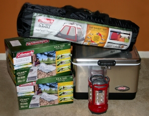 Coleman camping, Instant Tent, Sleeping bags, Quad 4 lantern, Stainless Steel Cooler